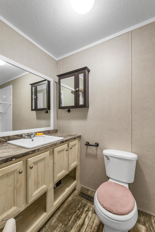 205 Windsor Rd, Hillsborough, NH 03244 - bathroom with wood finished floors, ornamental molding, vanity, and a textured ceiling