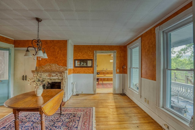 34 Union St, Littleton, NH 03561 - dining room featuring light wood-type flooring, a wainscoted wall, a fireplace, a chandelier, and wooden walls