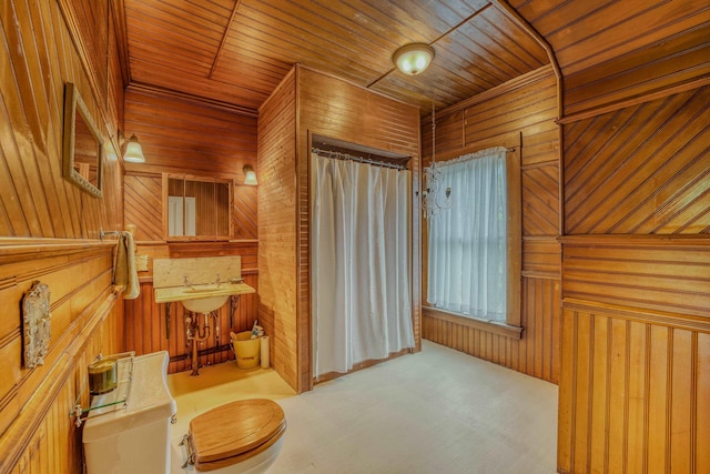 34 Union St, Littleton, NH 03561 - bathroom with wooden walls, a shower with curtain, and wood ceiling
