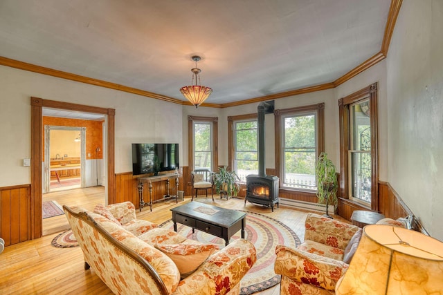 34 Union St, Littleton, NH 03561 - living room featuring a wood stove, a wainscoted wall, wood walls, light wood-type flooring, and a baseboard heating unit