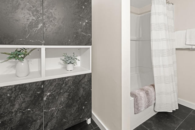2366 Mountain Rd Unit 1, Stowe, VT 05672 - full bath with shower / bath combo with shower curtain and tile patterned flooring