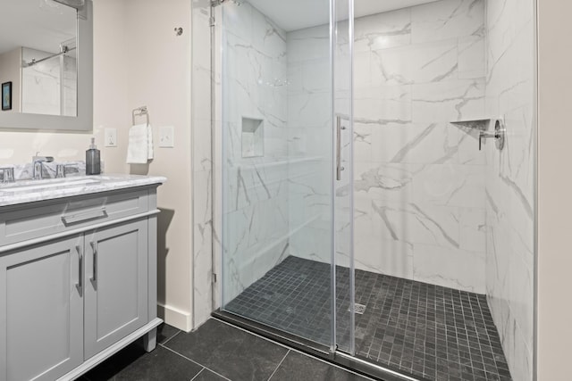 2366 Mountain Rd Unit 1, Stowe, VT 05672 - full bath featuring a marble finish shower, vanity, and tile patterned floors