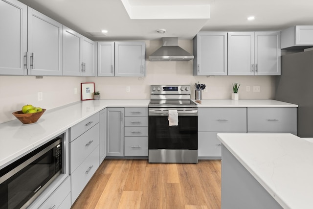 2366 Mountain Rd Unit 1, Stowe, VT 05672 - kitchen featuring stainless steel appliances, wall chimney exhaust hood, gray cabinetry, recessed lighting, and light wood-style floors