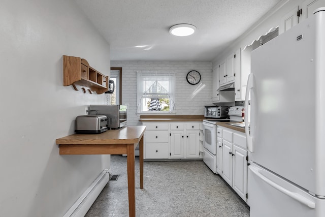 48 Haigh Ave, Salem, NH 03079 - kitchen with white appliances, white cabinets, a textured ceiling, under cabinet range hood, and open shelves