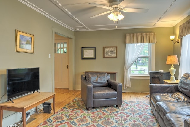 382 Park Ave, Keene, NH 03431 - living area with light wood finished floors, a ceiling fan, and crown molding