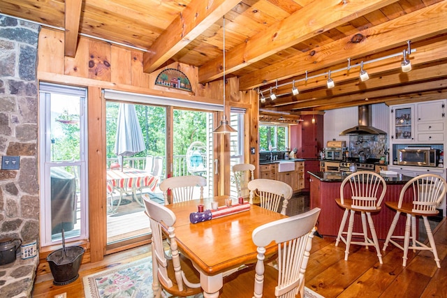 20 Pine Lane Rd, Ossipee, NH 03890 - dining room featuring light wood-style floors, a wooden ceiling with exposed beams, and track lighting
