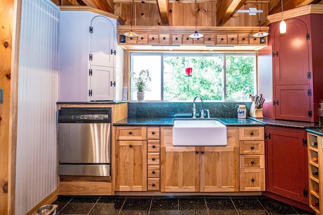 20 Pine Lane Rd, Ossipee, NH 03890 - kitchen featuring stainless steel dishwasher, granite floors, and hanging light fixtures