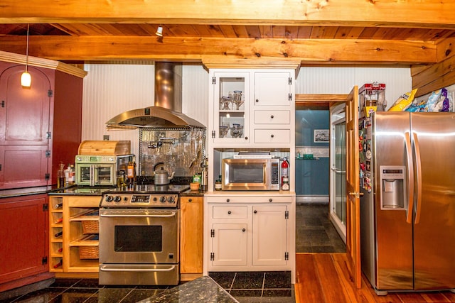 20 Pine Lane Rd, Ossipee, NH 03890 - kitchen featuring stainless steel appliances, range hood, a wood ceiling with exposed beams, dark countertops, and white cabinetry