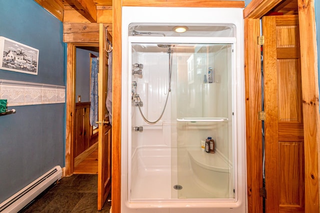 20 Pine Lane Rd, Ossipee, NH 03890 - bathroom featuring a baseboard heating unit and a shower stall