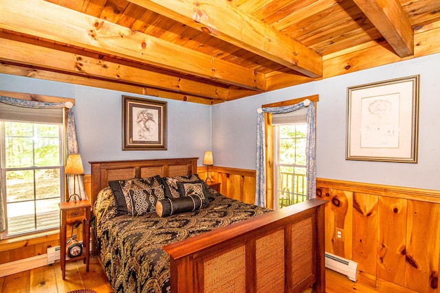20 Pine Lane Rd, Ossipee, NH 03890 - bedroom featuring a baseboard heating unit, hardwood / wood-style floors, a wainscoted wall, a wood ceiling with exposed beams, and wood walls