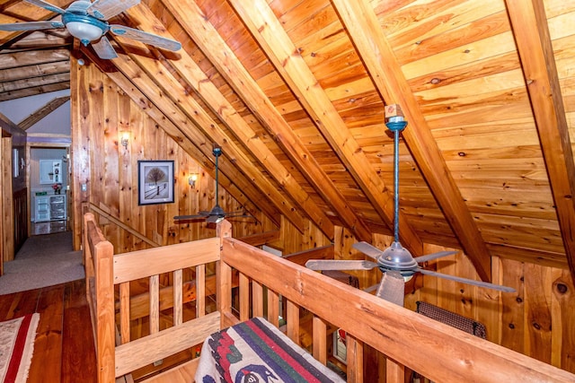 20 Pine Lane Rd, Ossipee, NH 03890 - hallway featuring wooden ceiling, an upstairs landing, wooden walls, and hardwood / wood-style flooring