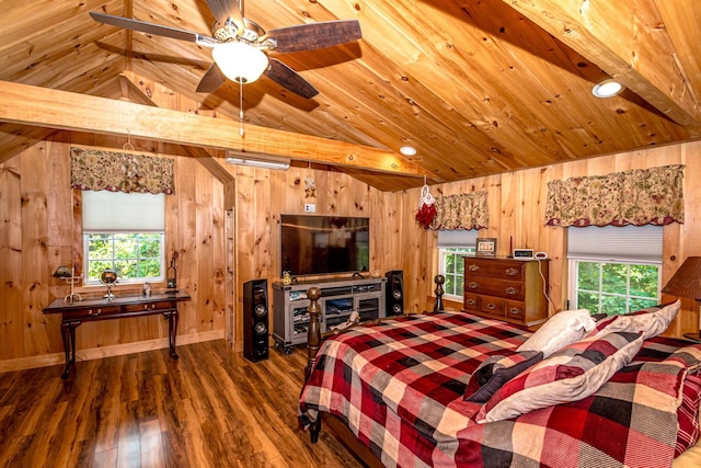 20 Pine Lane Rd, Ossipee, NH 03890 - bedroom with wooden walls, multiple windows, vaulted ceiling, wood finished floors, and wooden ceiling