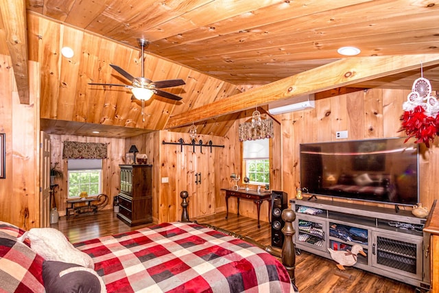 20 Pine Lane Rd, Ossipee, NH 03890 - bedroom with wooden ceiling, wood finished floors, wood walls, an AC wall unit, and vaulted ceiling