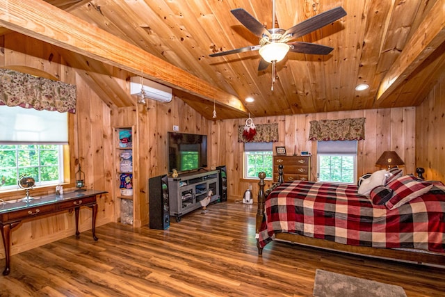 20 Pine Lane Rd, Ossipee, NH 03890 - bedroom featuring an AC wall unit, vaulted ceiling, wood ceiling, wood finished floors, and wooden walls