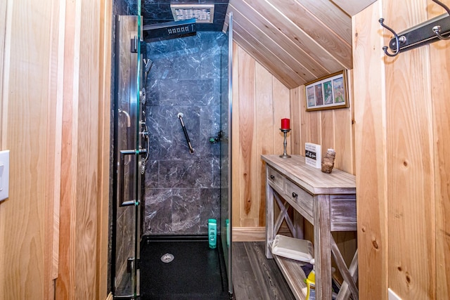 20 Pine Lane Rd, Ossipee, NH 03890 - full bathroom with vaulted ceiling, a shower stall, wood finished floors, and wood walls