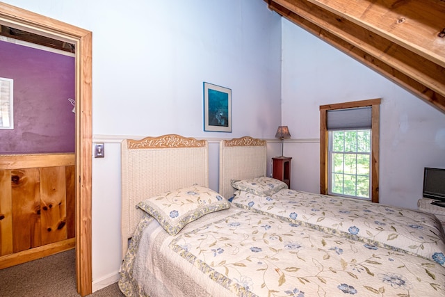 20 Pine Lane Rd, Ossipee, NH 03890 - bedroom featuring carpet flooring, vaulted ceiling, and a wainscoted wall