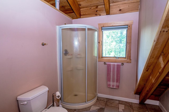 20 Pine Lane Rd, Ossipee, NH 03890 - bathroom with a stall shower, beamed ceiling, and marble look tile flooring