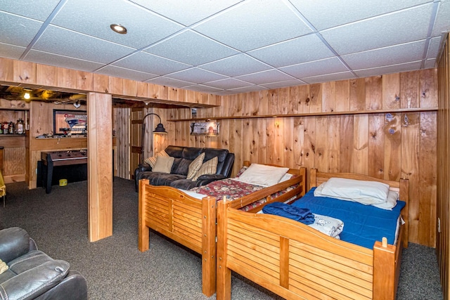 20 Pine Lane Rd, Ossipee, NH 03890 - carpeted bedroom with wooden walls and a drop ceiling