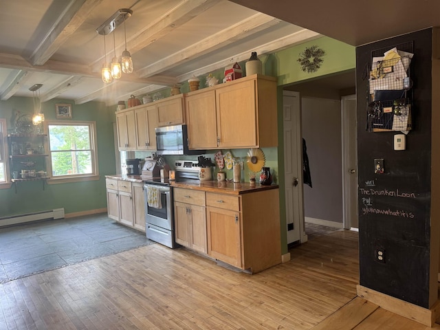 2940 Rte 30, Castleton, VT 05732 - kitchen featuring appliances with stainless steel finishes, a baseboard heating unit, light wood-type flooring, beamed ceiling, and pendant lighting