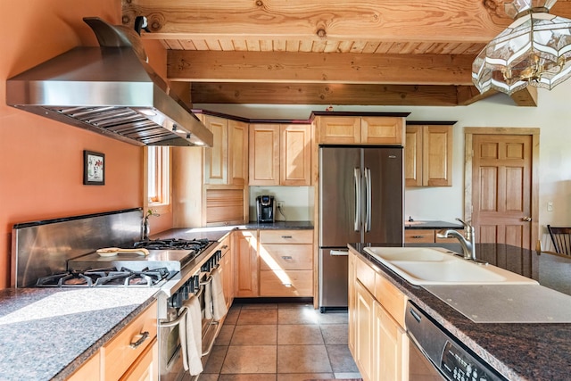 532 Randolph Rd, Stowe, VT 05672 - kitchen featuring extractor fan, stainless steel appliances, light brown cabinetry, a wooden ceiling with exposed beams, and light tile patterned floors