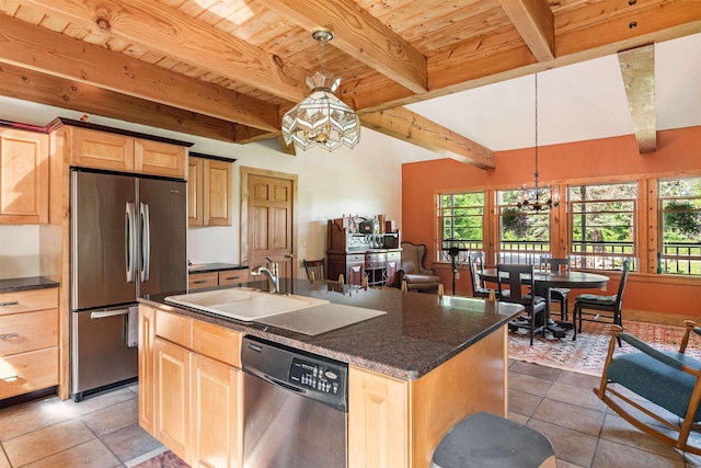 532 Randolph Rd, Stowe, VT 05672 - kitchen featuring appliances with stainless steel finishes, light brown cabinetry, a chandelier, a wood ceiling with exposed beams, and a center island with sink