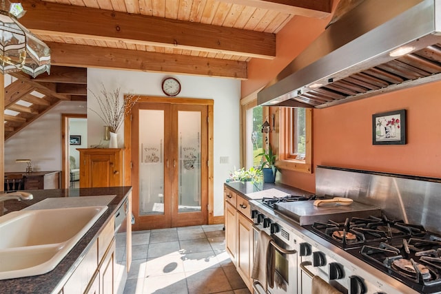 532 Randolph Rd, Stowe, VT 05672 - kitchen with extractor fan, dark countertops, french doors, a wooden ceiling with exposed beams, and dishwasher