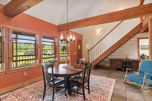 532 Randolph Rd, Stowe, VT 05672 - tiled dining area featuring beamed ceiling, stairs, a chandelier, and high vaulted ceiling