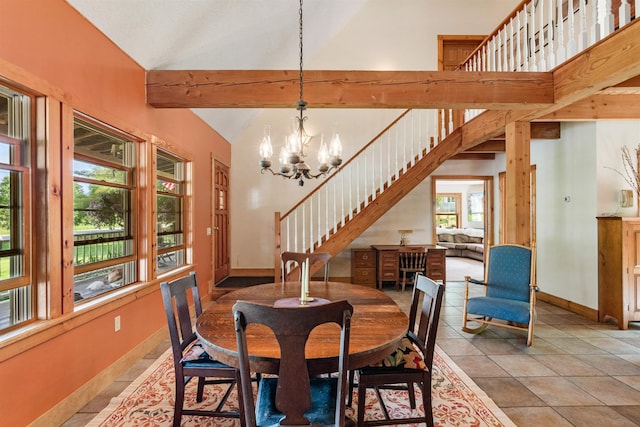 532 Randolph Rd, Stowe, VT 05672 - tiled dining space with stairs, high vaulted ceiling, a chandelier, and beam ceiling