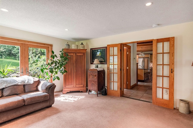 532 Randolph Rd, Stowe, VT 05672 - living room featuring french doors, light carpet, recessed lighting, and a textured ceiling