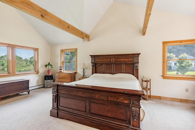 532 Randolph Rd, Stowe, VT 05672 - bedroom featuring light colored carpet, a baseboard radiator, high vaulted ceiling, and beam ceiling