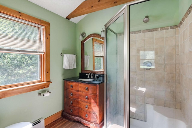 532 Randolph Rd, Stowe, VT 05672 - full bathroom with a baseboard radiator, a stall shower, vanity, and vaulted ceiling