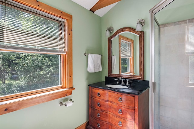 532 Randolph Rd, Stowe, VT 05672 - bathroom featuring plenty of natural light, vanity, and tiled shower
