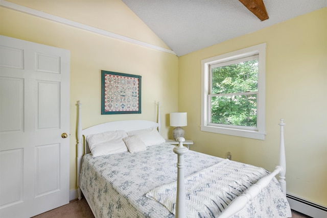 532 Randolph Rd, Stowe, VT 05672 - bedroom with a baseboard radiator, lofted ceiling, and carpet floors