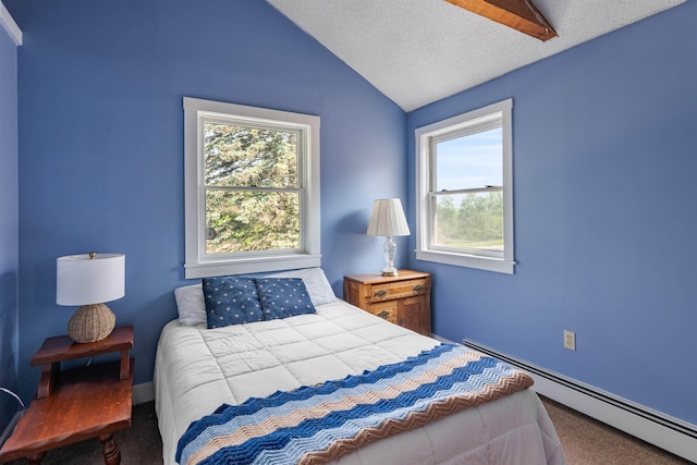 532 Randolph Rd, Stowe, VT 05672 - carpeted bedroom featuring baseboard heating, multiple windows, lofted ceiling, and a textured ceiling
