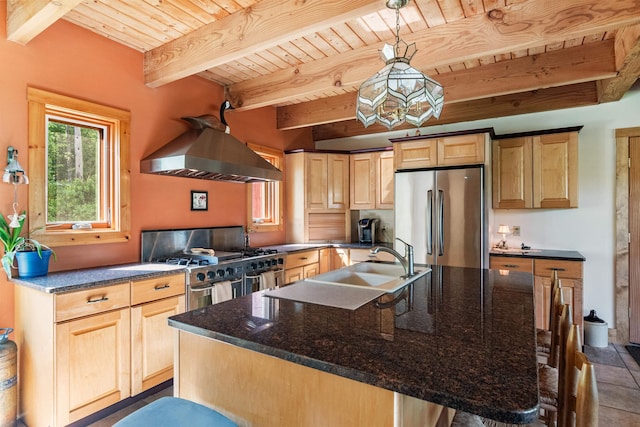 532 Randolph Rd, Stowe, VT 05672 - kitchen with freestanding refrigerator, island exhaust hood, stove, a wooden ceiling with exposed beams, and light brown cabinetry