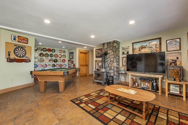 3 Simon Hill Rd, Ossipee, NH 03864 - game room with a wood stove, recessed lighting, pool table, and stone tile flooring