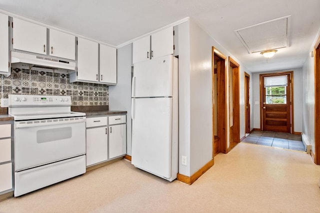 23 Riverlake St, Alton, NH 03810 - kitchen with white appliances, under cabinet range hood, tasteful backsplash, and dark countertops
