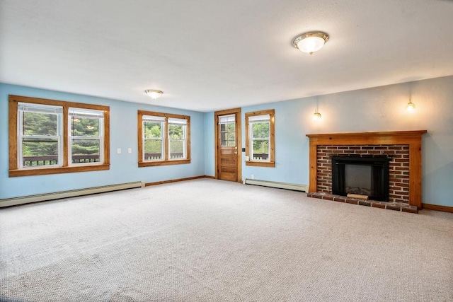 23 Riverlake St, Alton, NH 03810 - unfurnished living room with a baseboard heating unit, a fireplace, and carpet floors
