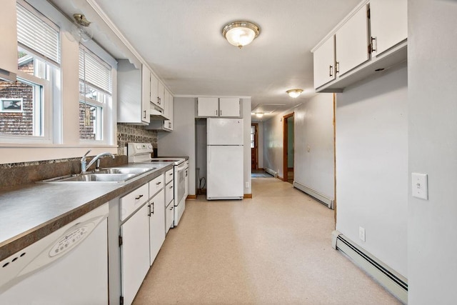 23 Riverlake St, Alton, NH 03810 - kitchen featuring white appliances, a baseboard heating unit, white cabinetry, and under cabinet range hood