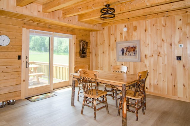 535 Mead Hill Rd, Holland, VT 05830 - dining room featuring wood finished floors, beam ceiling, and wooden walls