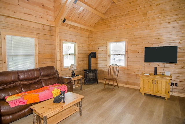 535 Mead Hill Rd, Holland, VT 05830 - living room with a wood stove, plenty of natural light, wood ceiling, light wood-style floors, and wooden walls