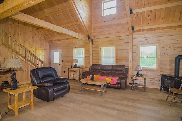 535 Mead Hill Rd, Holland, VT 05830 - living room with a wood stove, wooden walls, healthy amount of natural light, high vaulted ceiling, and a wood ceiling with exposed beams