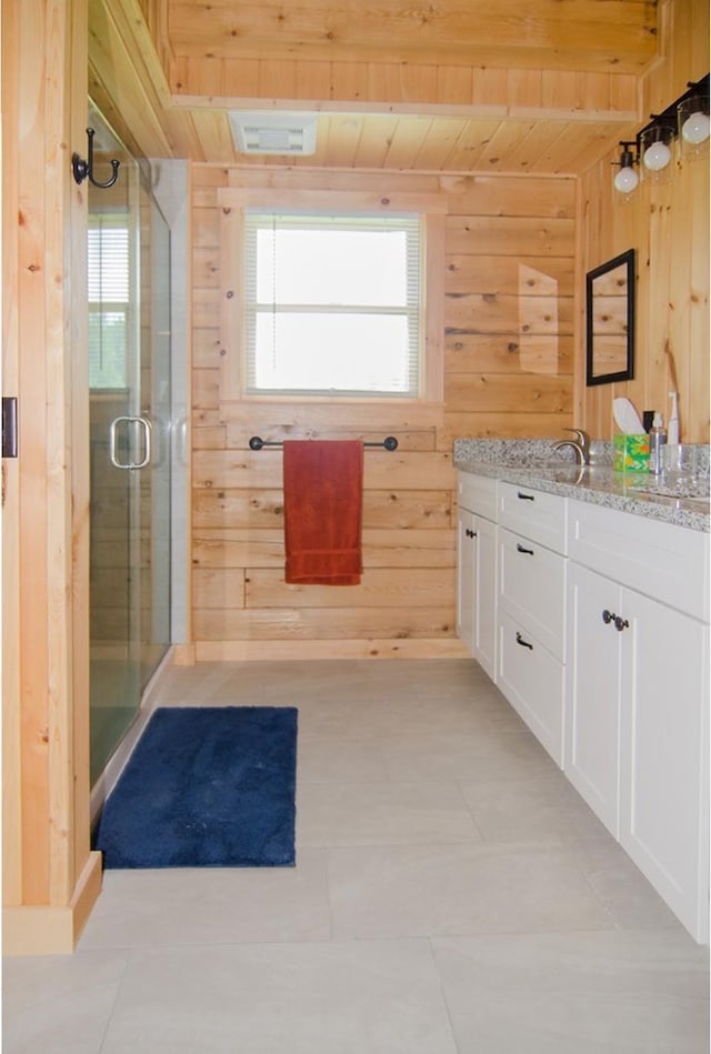 535 Mead Hill Rd, Holland, VT 05830 - full bathroom with a wood ceiling with exposed beams, wood walls, healthy amount of natural light, a shower stall, and vanity