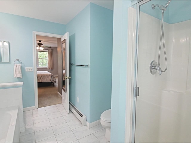 343 Cobblestone Cir S, Burlington, VT 05403 - ensuite bathroom with a baseboard radiator, a stall shower, a bath, tile patterned floors, and ceiling fan