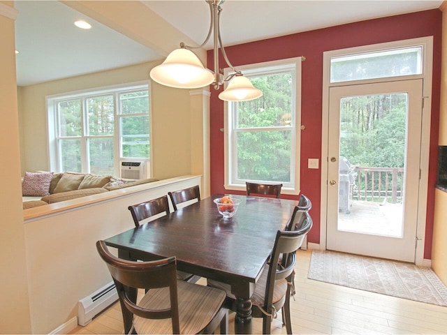 343 Cobblestone Cir S, Burlington, VT 05403 - dining area with a baseboard radiator, healthy amount of natural light, cooling unit, light wood-style flooring, and recessed lighting