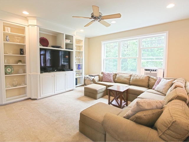 343 Cobblestone Cir S, Burlington, VT 05403 - living room with cooling unit, ceiling fan, recessed lighting, light carpet, and built in features