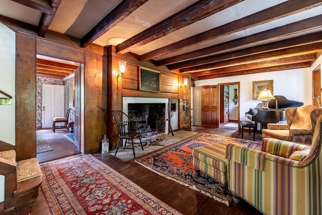 428 N Rd, Salisbury, NH 03235 - living room with beam ceiling, wood finished floors, and a fireplace with flush hearth