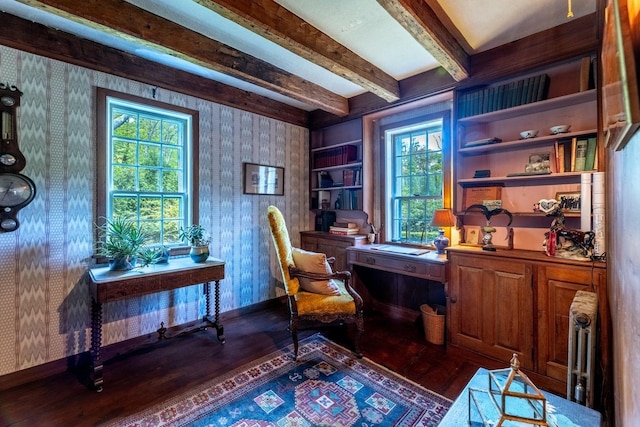 428 N Rd, Salisbury, NH 03235 - home office with wallpapered walls, dark wood-style floors, beam ceiling, healthy amount of natural light, and radiator