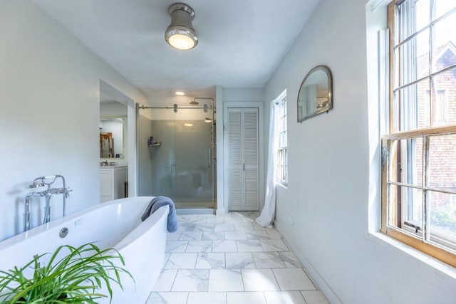 428 N Rd, Salisbury, NH 03235 - bathroom with a stall shower, marble finish floors, plenty of natural light, and a freestanding tub