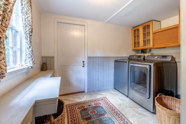 428 N Rd, Salisbury, NH 03235 - washroom with washing machine and clothes dryer, cabinet space, wainscoting, and wood walls
